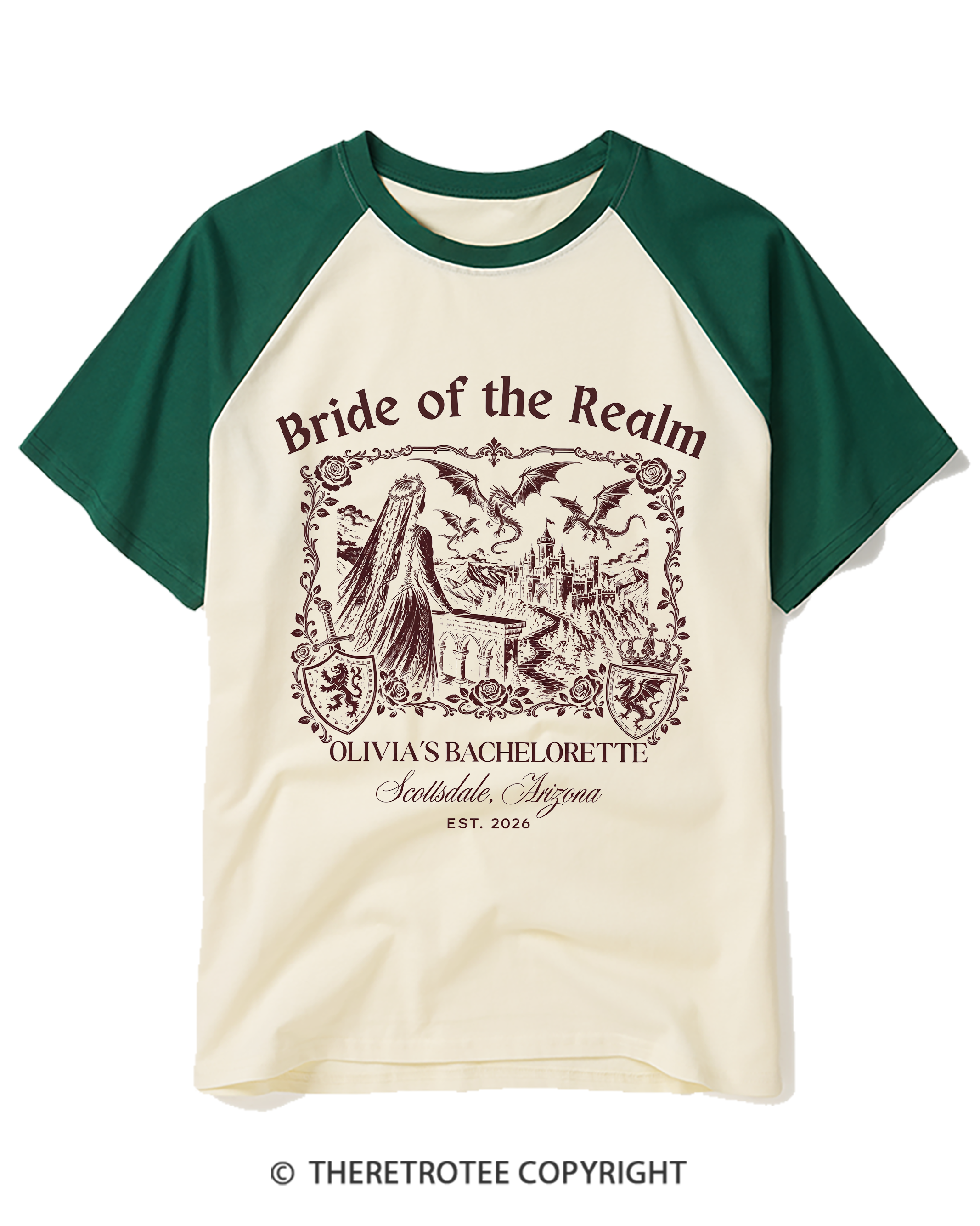 TheRetroTee Medieval Dragon Bachelorette Raglan Baseball T-Shirt