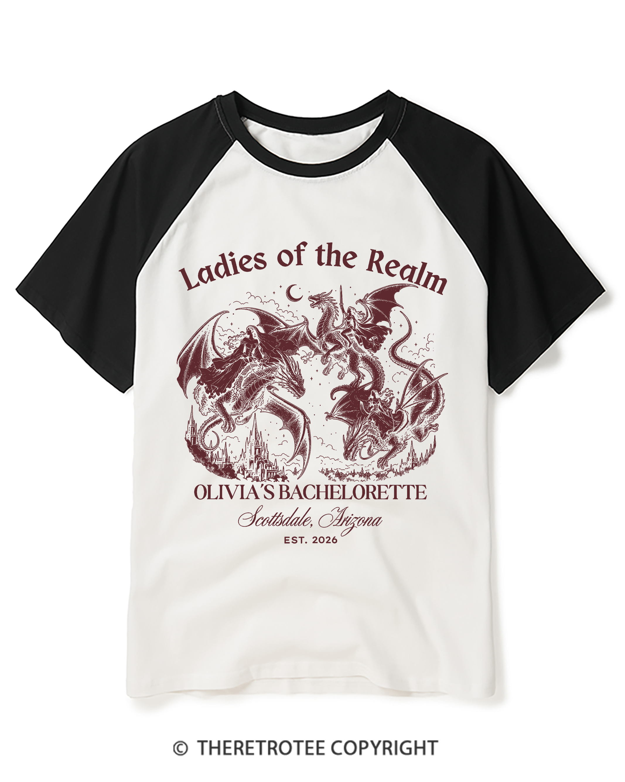 TheRetroTee Medieval Dragon Bachelorette Raglan Baseball T-Shirt