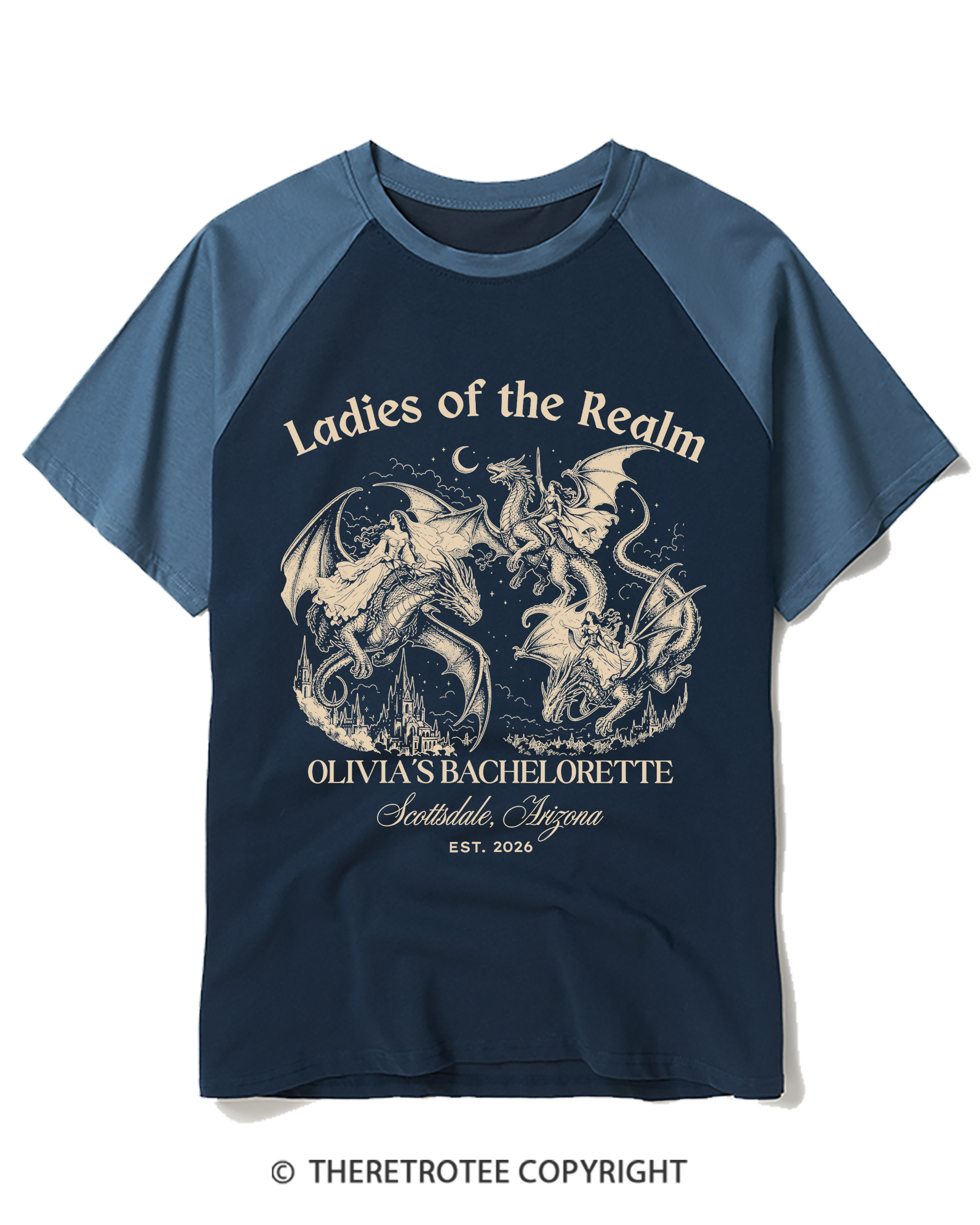 TheRetroTee Medieval Dragon Bachelorette Raglan Baseball T-Shirt