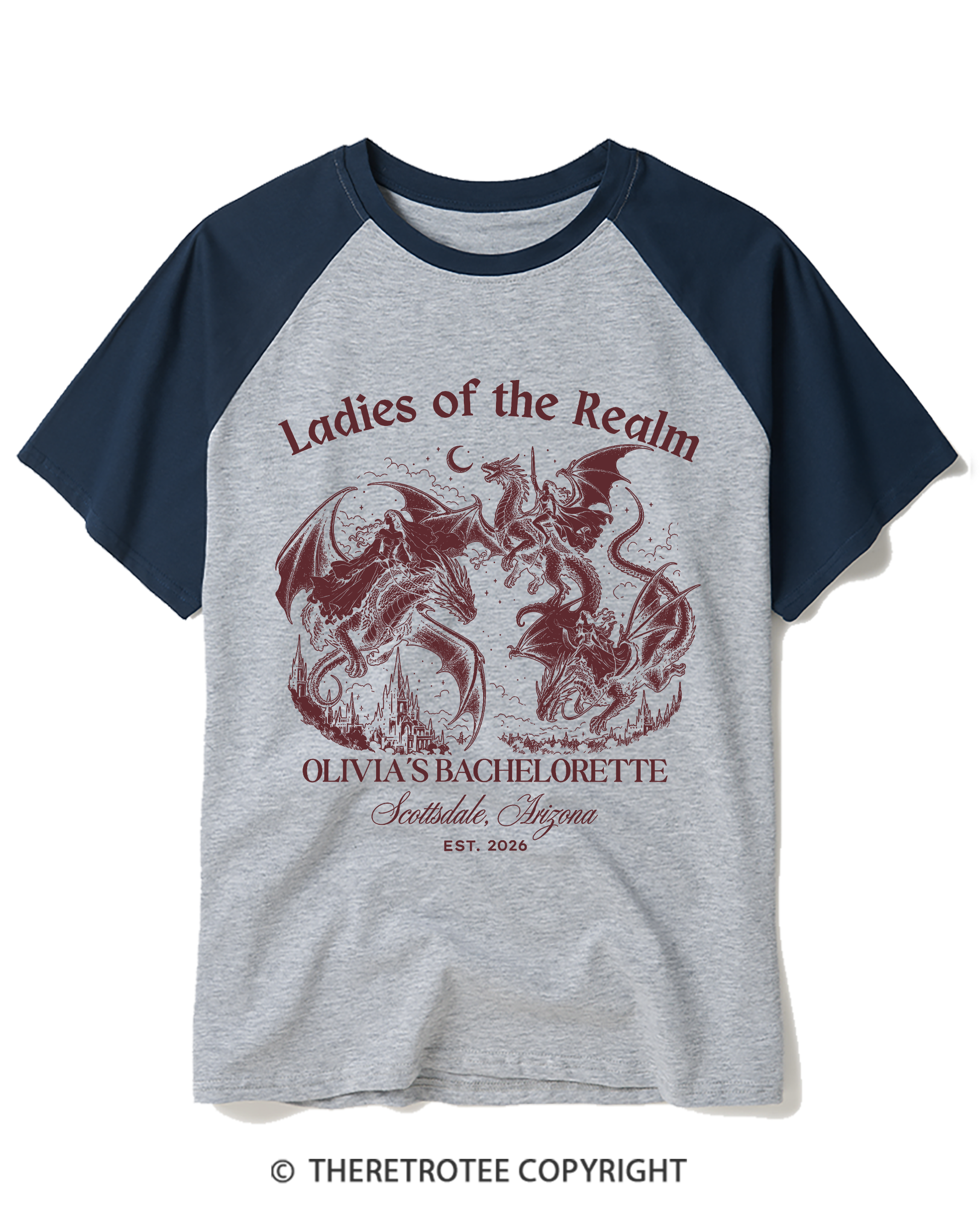 TheRetroTee Medieval Dragon Bachelorette Raglan Baseball T-Shirt
