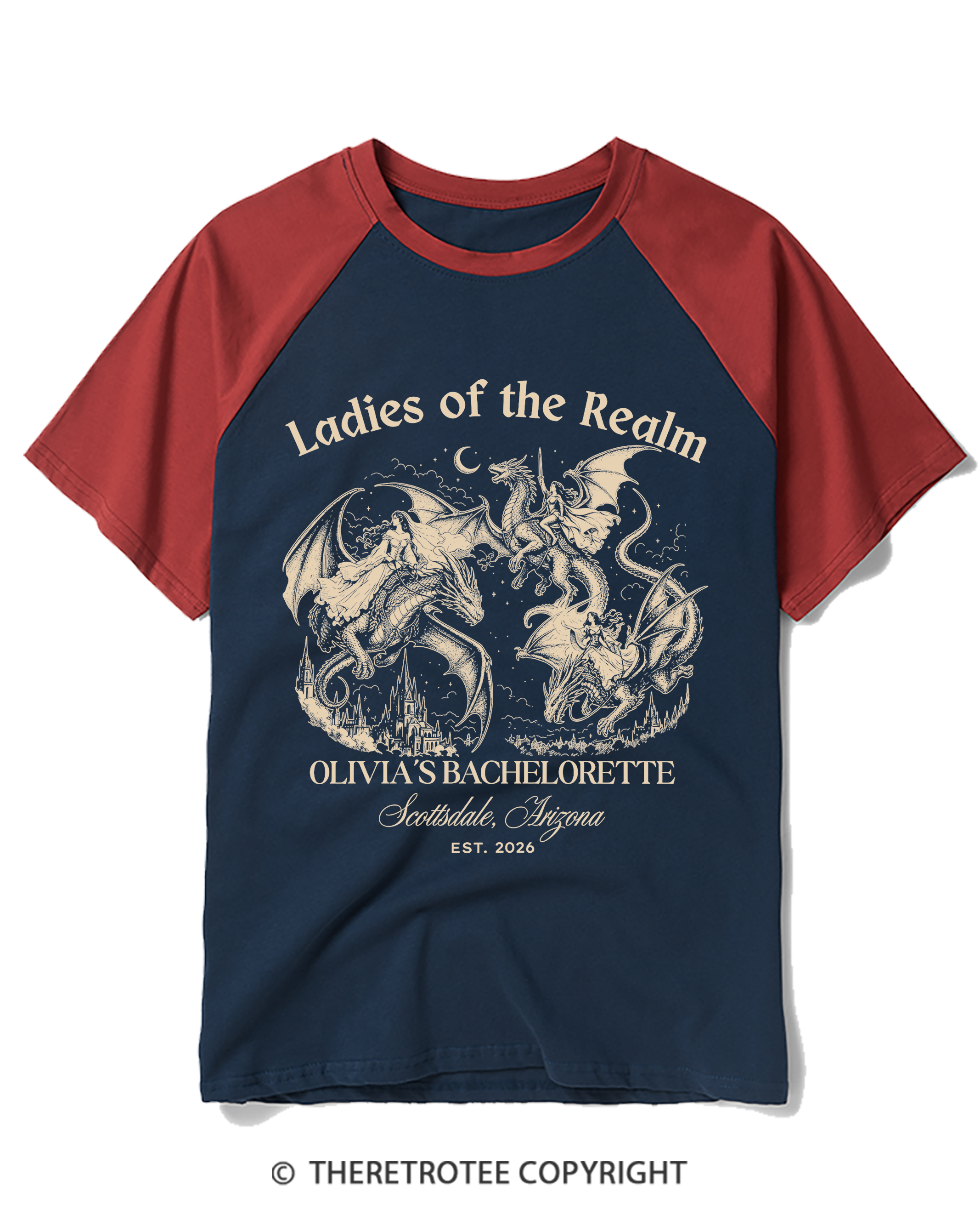 TheRetroTee Medieval Dragon Bachelorette Raglan Baseball T-Shirt