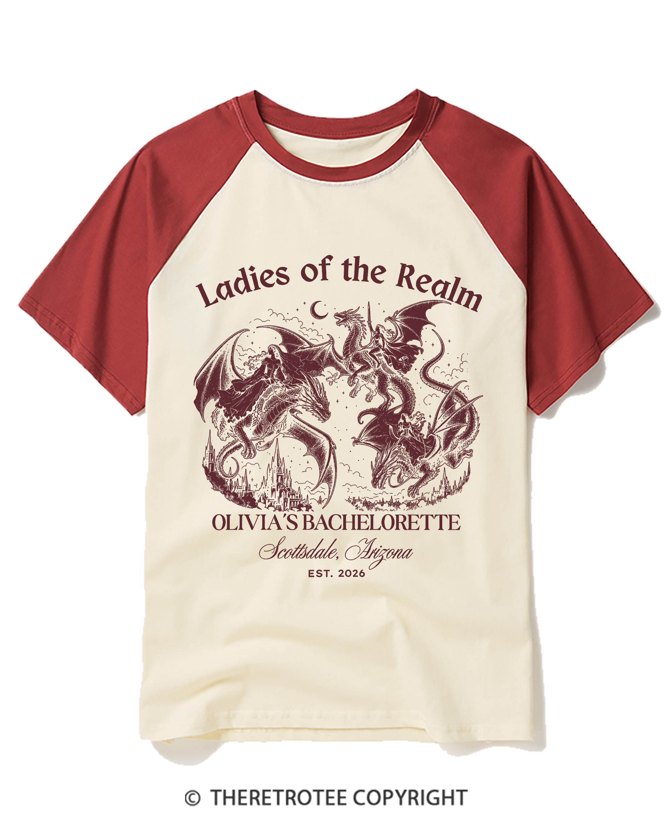 TheRetroTee Medieval Dragon Bachelorette Raglan Baseball T-Shirt