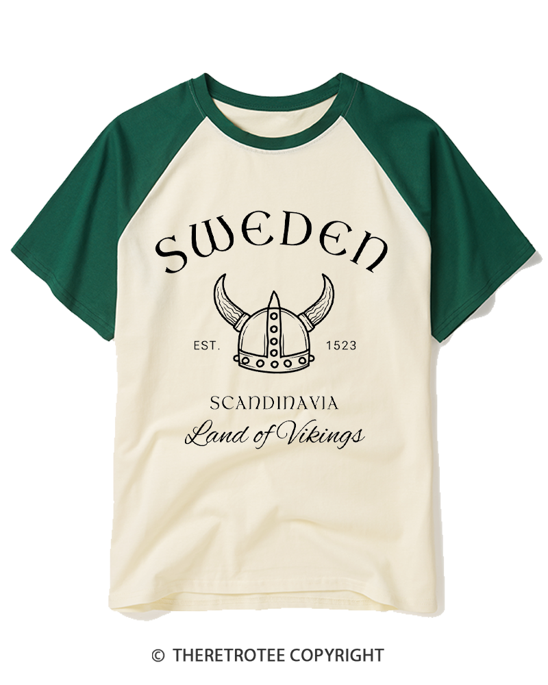 TheRetroTee Sweden Viking Helmet Raglan Baseball T-Shirt