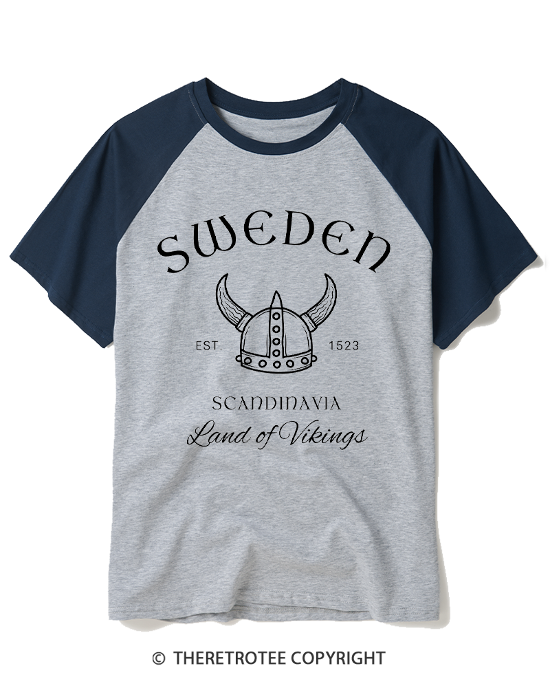 TheRetroTee Sweden Viking Helmet Raglan Baseball T-Shirt