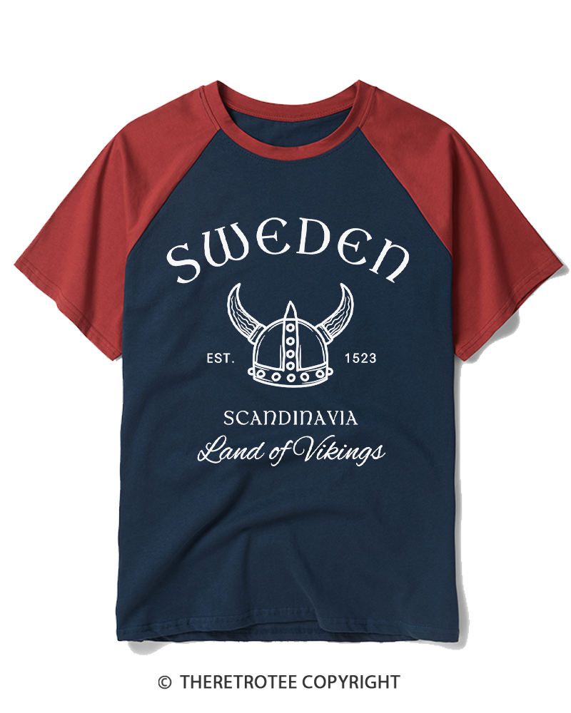 TheRetroTee Sweden Viking Helmet Raglan Baseball T-Shirt