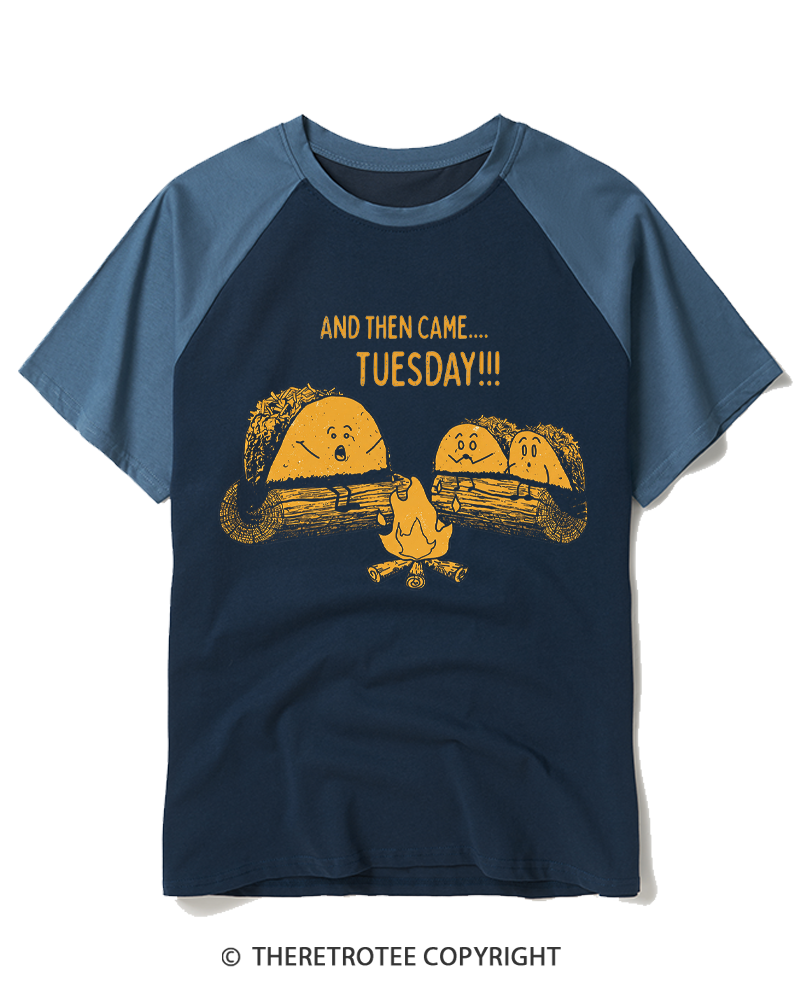 TheRetroTee Taco Tuesday Ghost Story 1970s Raglan Baseball T-Shirt