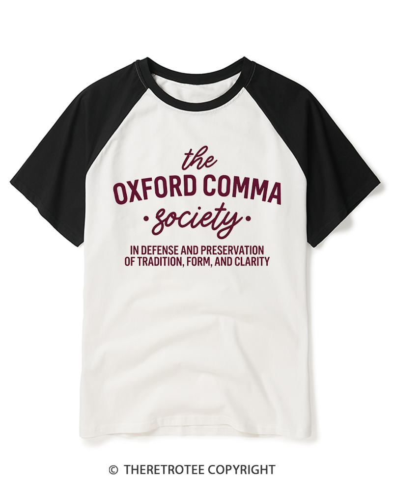 TheRetroTee The Oxford Comma Society 1990s Raglan Baseball T-Shirt