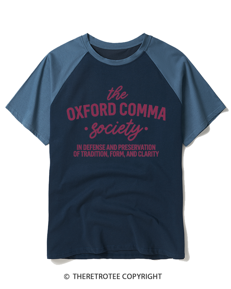 TheRetroTee The Oxford Comma Society 1990s Raglan Baseball T-Shirt