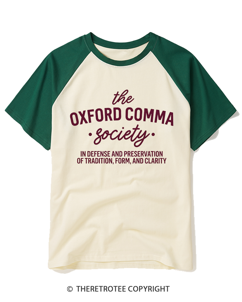 TheRetroTee The Oxford Comma Society 1990s Raglan Baseball T-Shirt