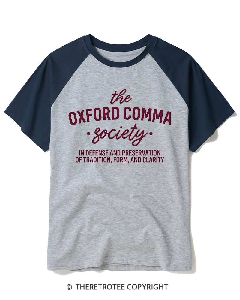 TheRetroTee The Oxford Comma Society 1990s Raglan Baseball T-Shirt