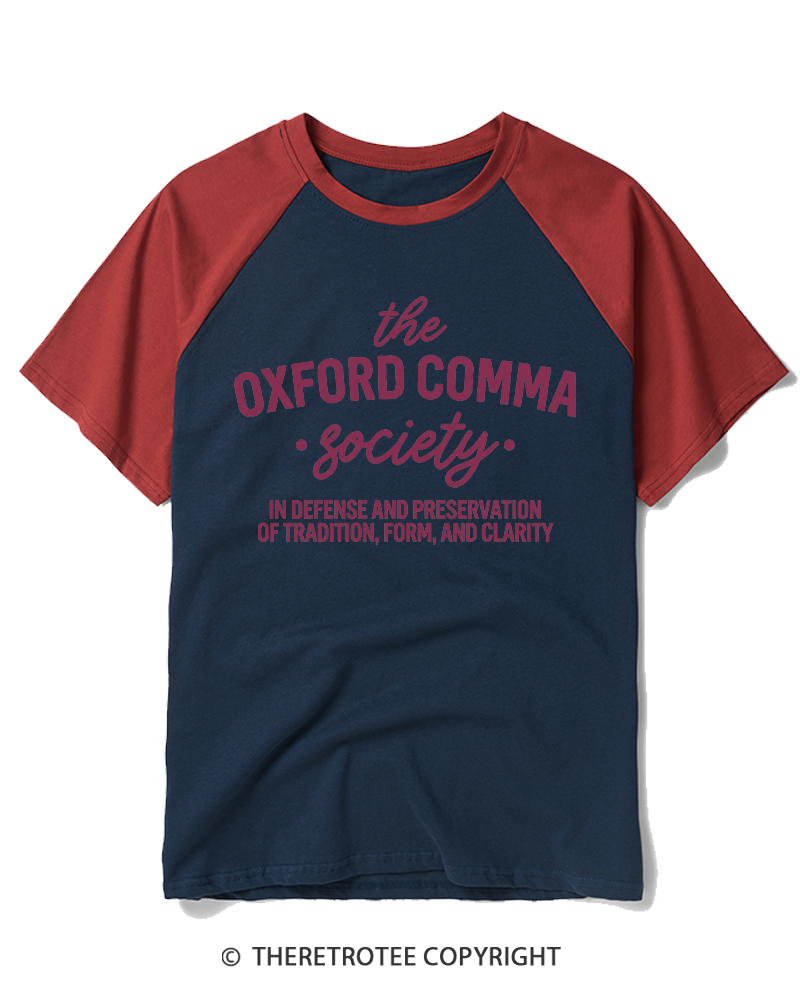 TheRetroTee The Oxford Comma Society 1990s Raglan Baseball T-Shirt