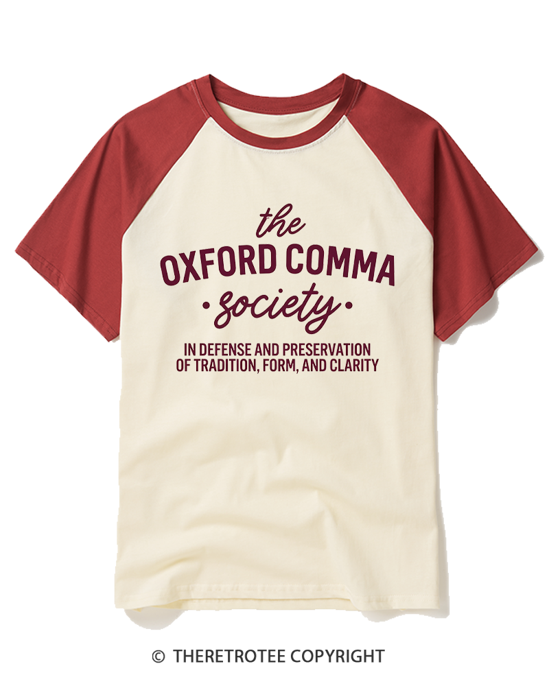 TheRetroTee The Oxford Comma Society 1990s Raglan Baseball T-Shirt