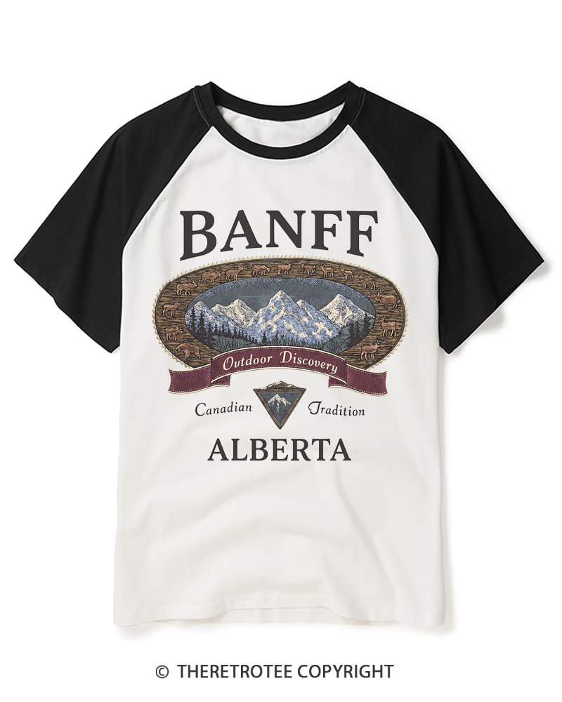 TheRetroTee Vintage Banff Alberta Canada Graphic 1980s Raglan Baseball T-Shirt
