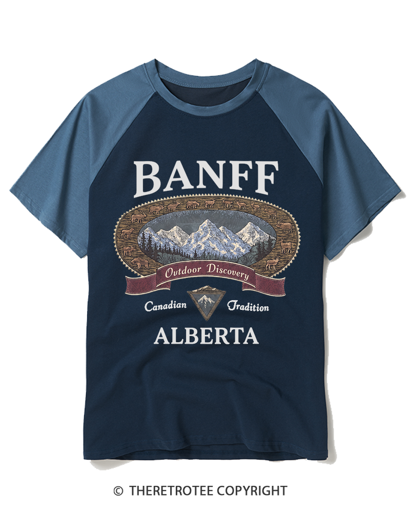TheRetroTee Vintage Banff Alberta Canada Graphic 1980s Raglan Baseball T-Shirt