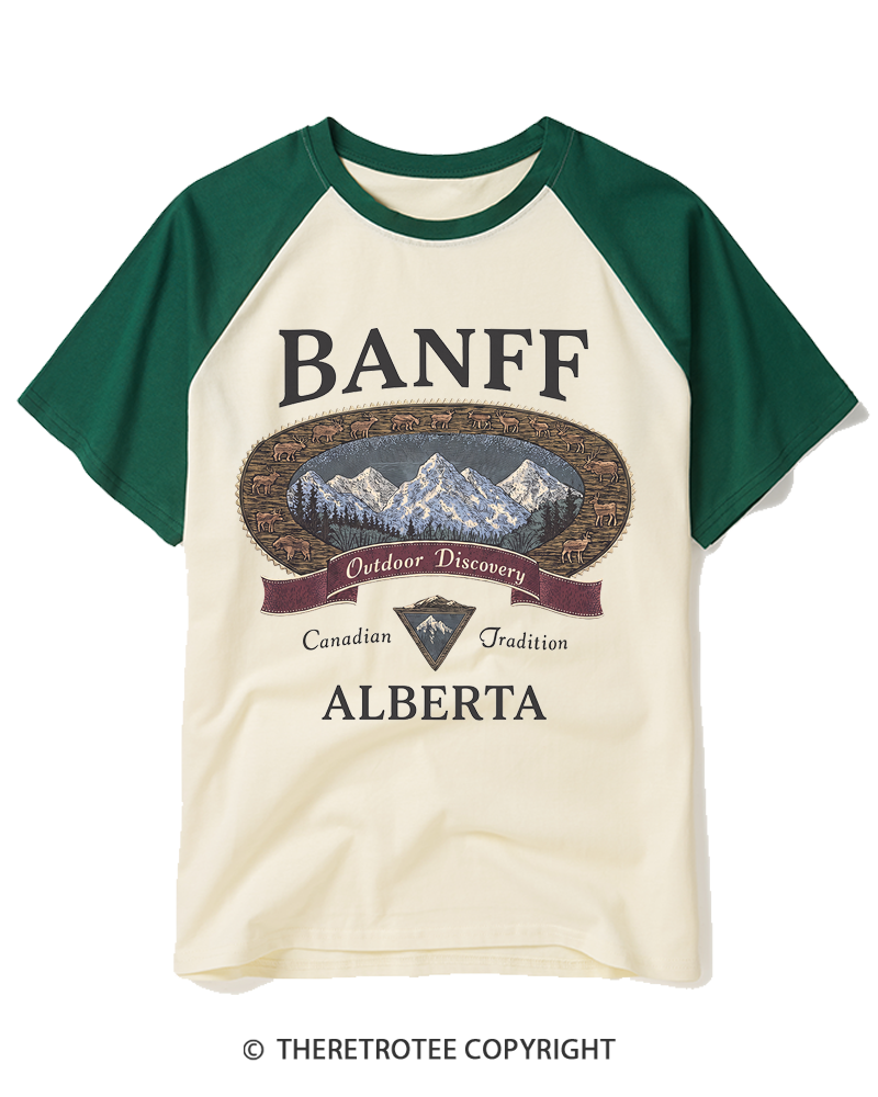 TheRetroTee Vintage Banff Alberta Canada Graphic 1980s Raglan Baseball T-Shirt