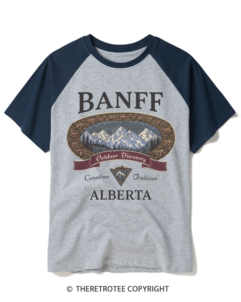 TheRetroTee Vintage Banff Alberta Canada Graphic 1980s Raglan Baseball T-Shirt
