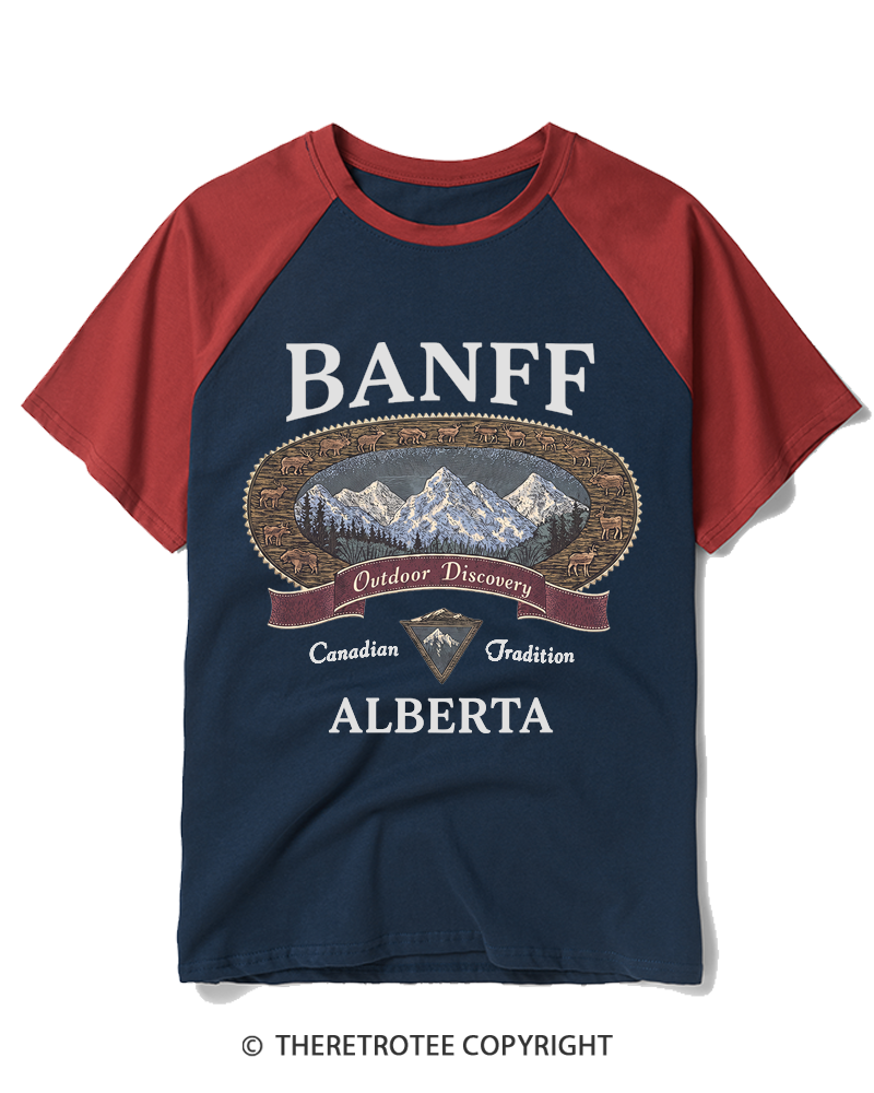 TheRetroTee Vintage Banff Alberta Canada Graphic 1980s Raglan Baseball T-Shirt