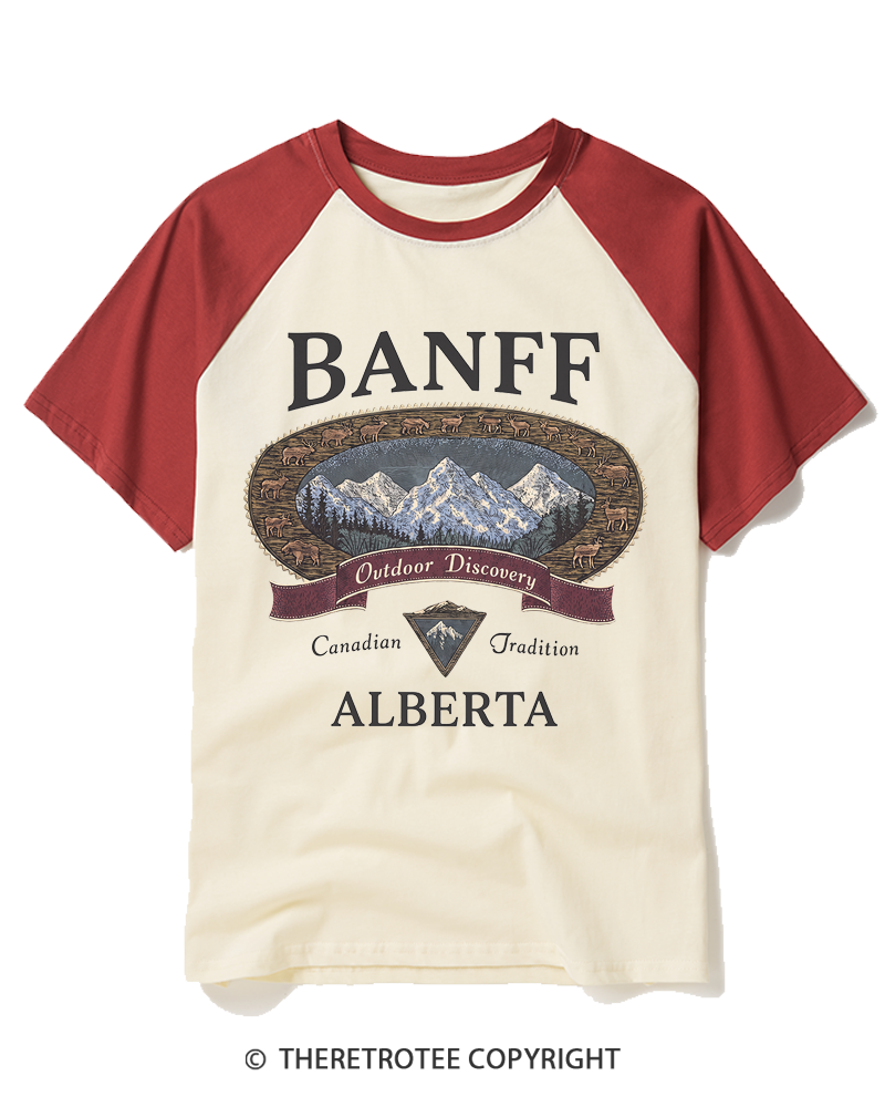 TheRetroTee Vintage Banff Alberta Canada Graphic 1980s Raglan Baseball T-Shirt