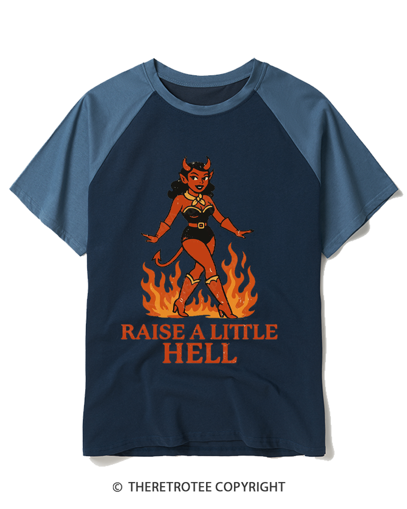 TheRetroTee Raise a Little Hell 1950s Raglan Baseball T-Shirt