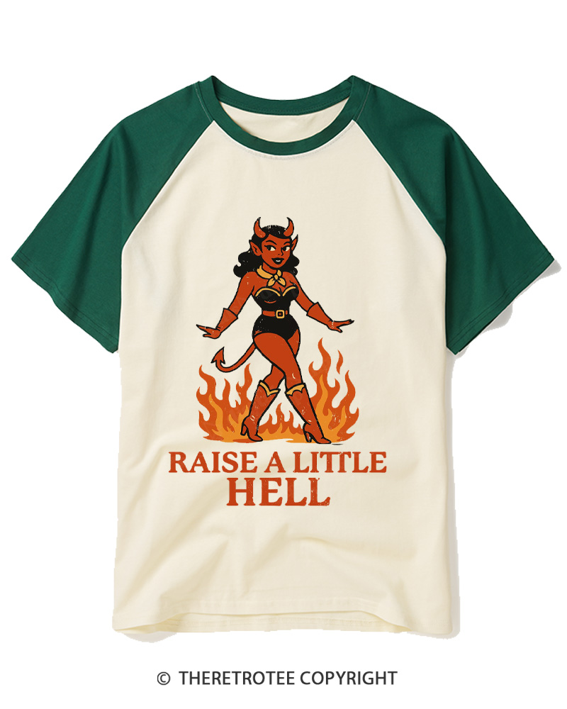 TheRetroTee Raise a Little Hell 1950s Raglan Baseball T-Shirt