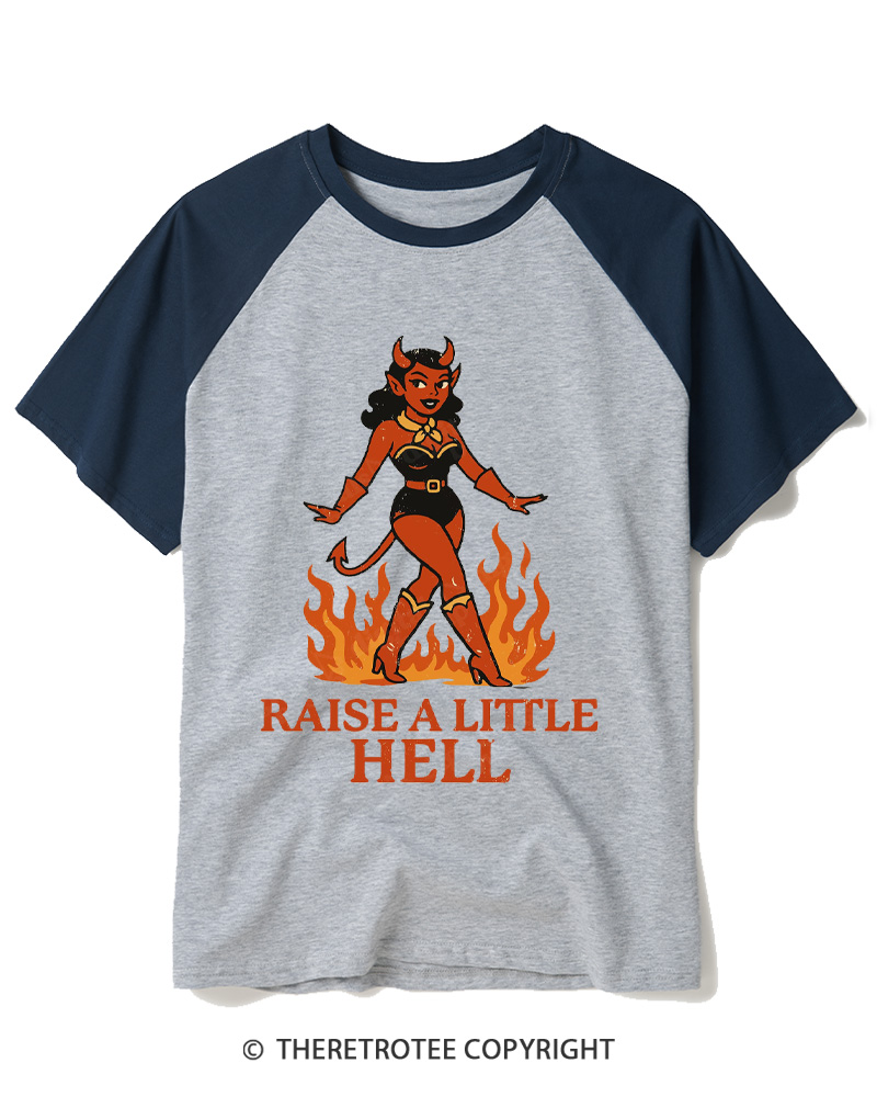 TheRetroTee Raise a Little Hell 1950s Raglan Baseball T-Shirt