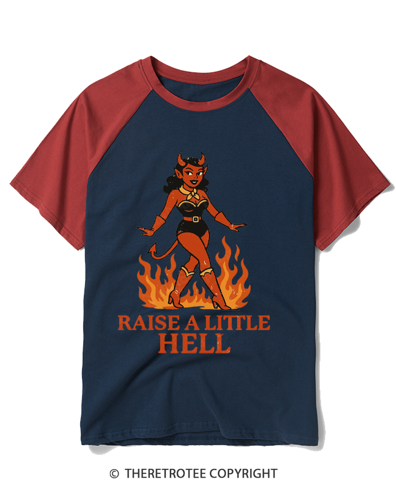 TheRetroTee Raise a Little Hell 1950s Raglan Baseball T-Shirt