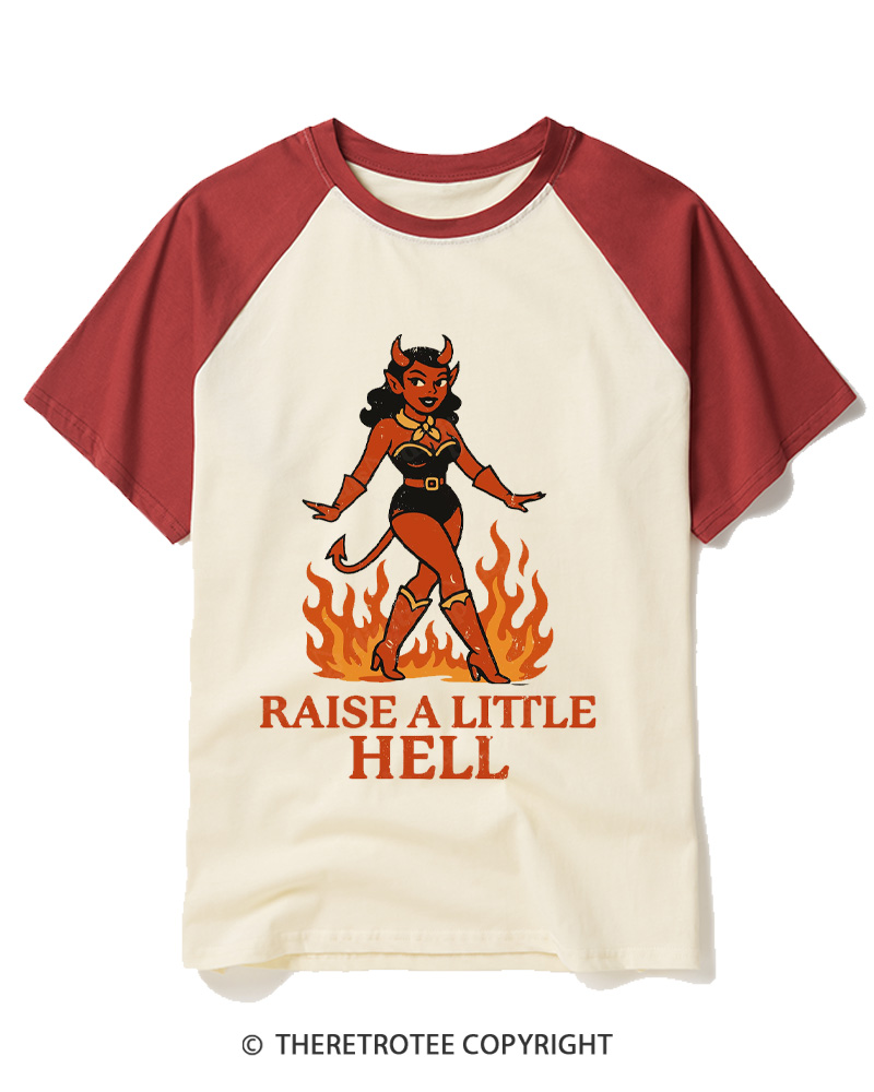 TheRetroTee Raise a Little Hell 1950s Raglan Baseball T-Shirt