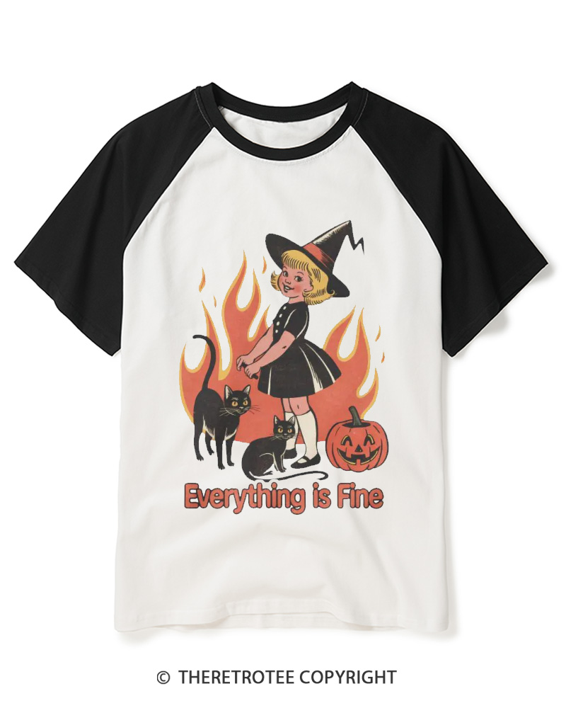 TheRetroTee Everything Is Fine 1980s Raglan Baseball T-Shirt