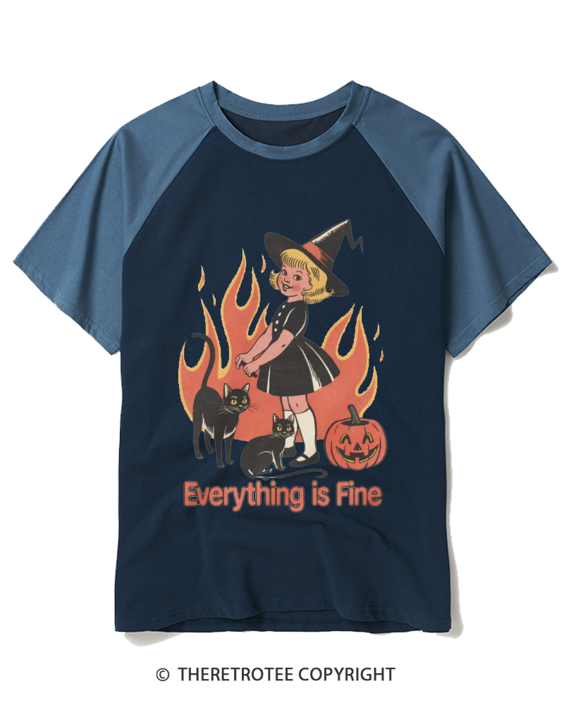 TheRetroTee Everything Is Fine 1980s Raglan Baseball T-Shirt