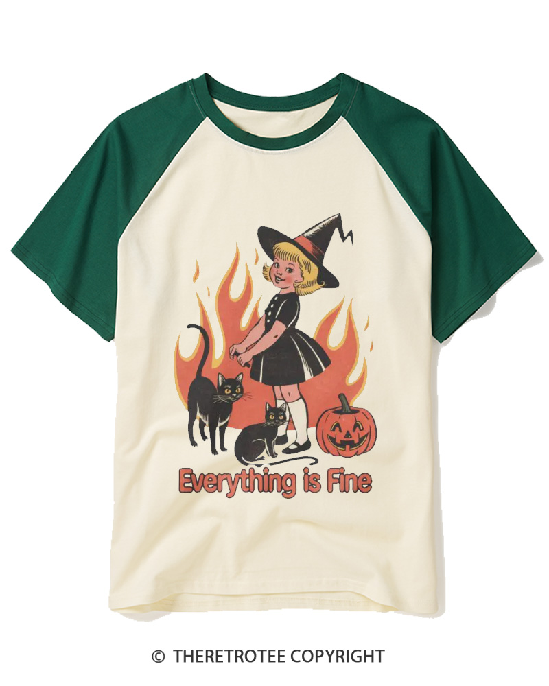 TheRetroTee Everything Is Fine 1980s Raglan Baseball T-Shirt