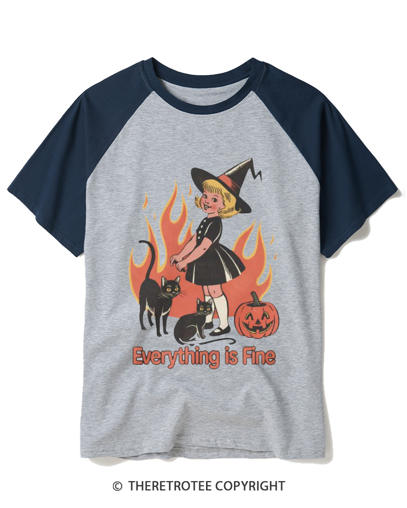 TheRetroTee Everything Is Fine 1980s Raglan Baseball T-Shirt