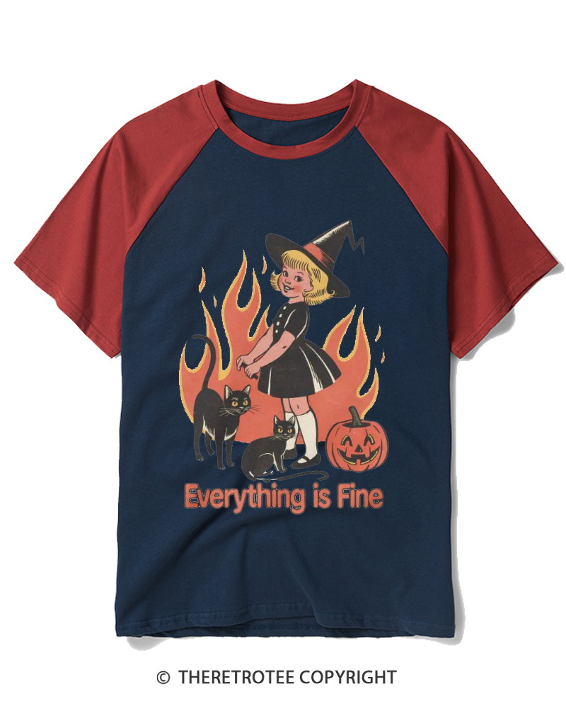 TheRetroTee Everything Is Fine 1980s Raglan Baseball T-Shirt