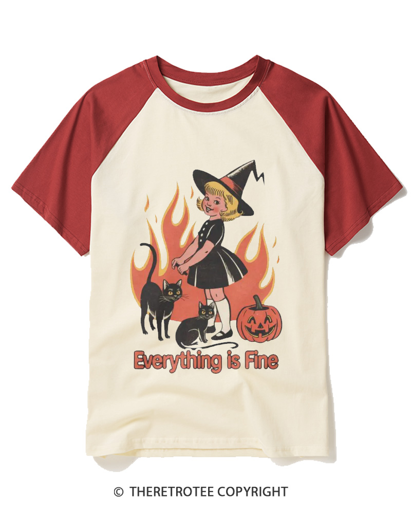TheRetroTee Everything Is Fine 1980s Raglan Baseball T-Shirt