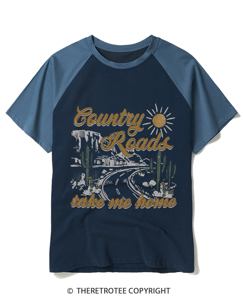 TheRetroTee Country Roads 1970s Raglan Baseball T-Shirt