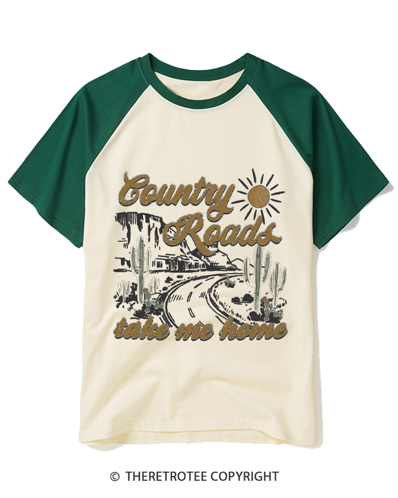 TheRetroTee Country Roads 1970s Raglan Baseball T-Shirt