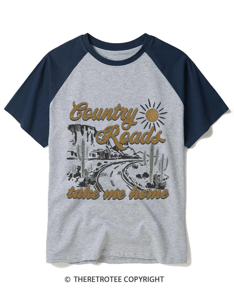 TheRetroTee Country Roads 1970s Raglan Baseball T-Shirt