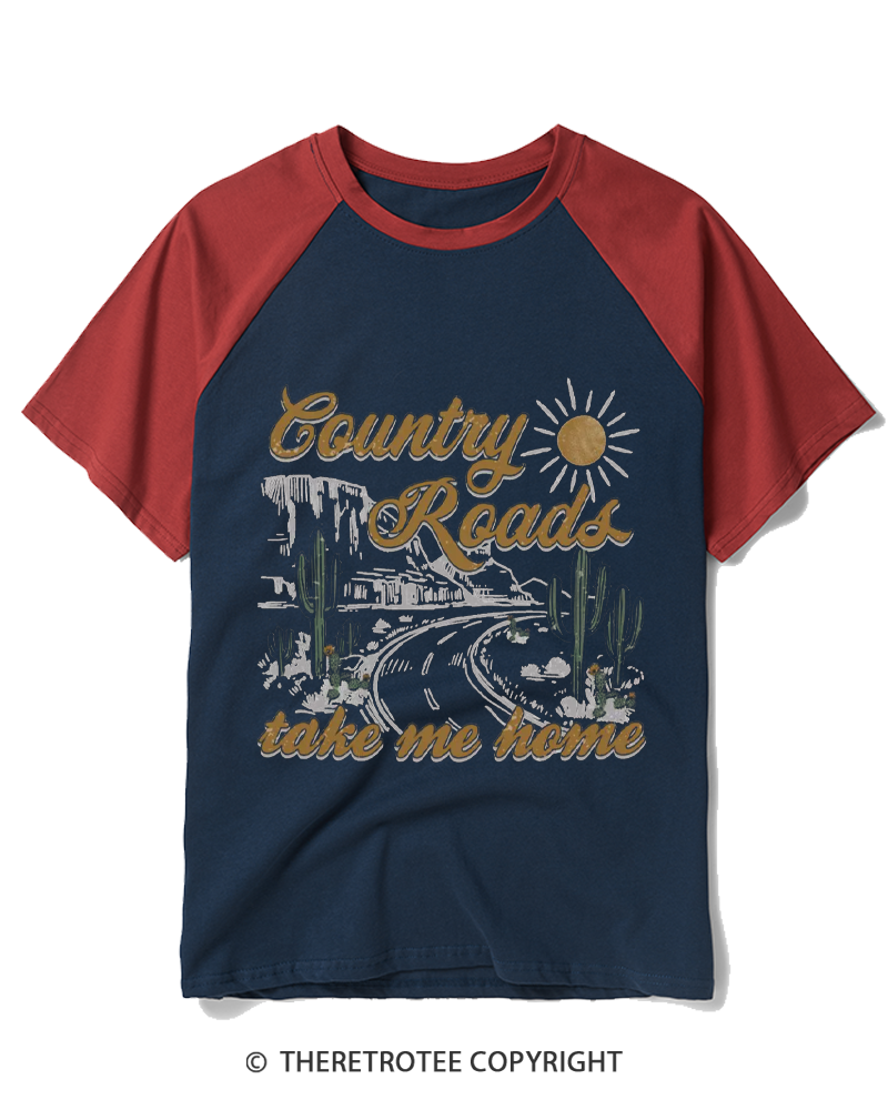 TheRetroTee Country Roads 1970s Raglan Baseball T-Shirt