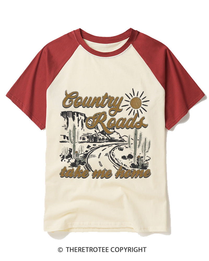 TheRetroTee Country Roads 1970s Raglan Baseball T-Shirt