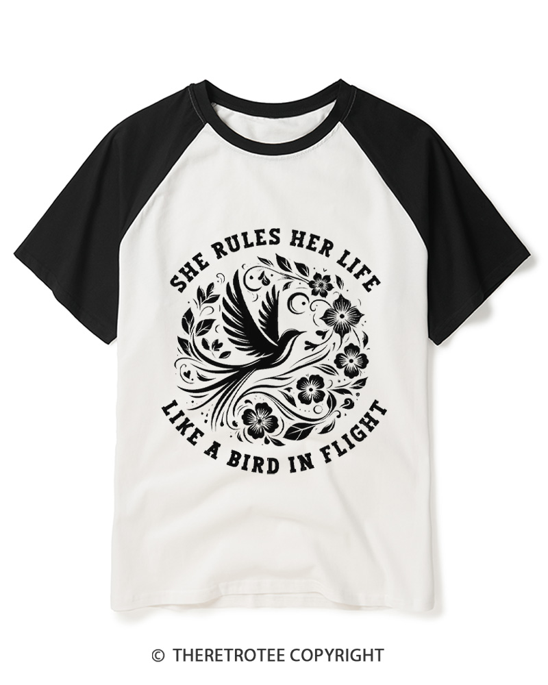TheRetroTee She Rules Her Life Like a Bird in Flight 1970s Raglan Baseball T-Shirt