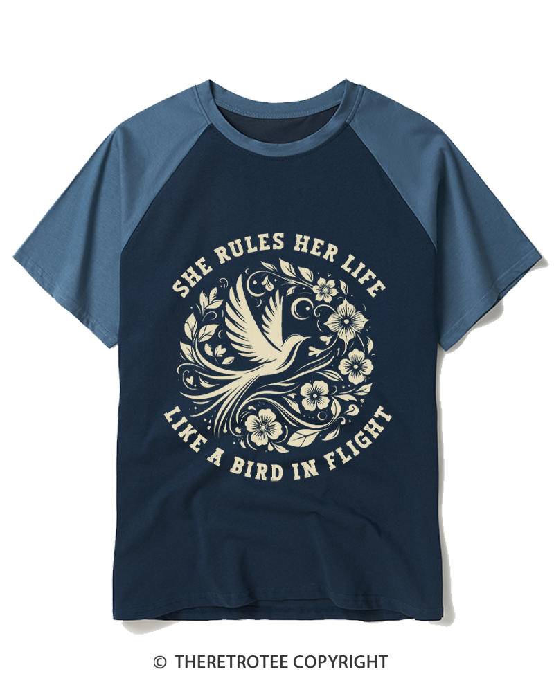 TheRetroTee She Rules Her Life Like a Bird in Flight 1970s Raglan Baseball T-Shirt