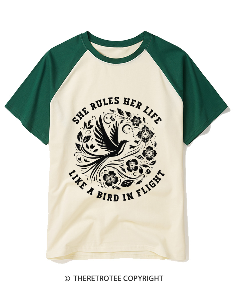 TheRetroTee She Rules Her Life Like a Bird in Flight 1970s Raglan Baseball T-Shirt