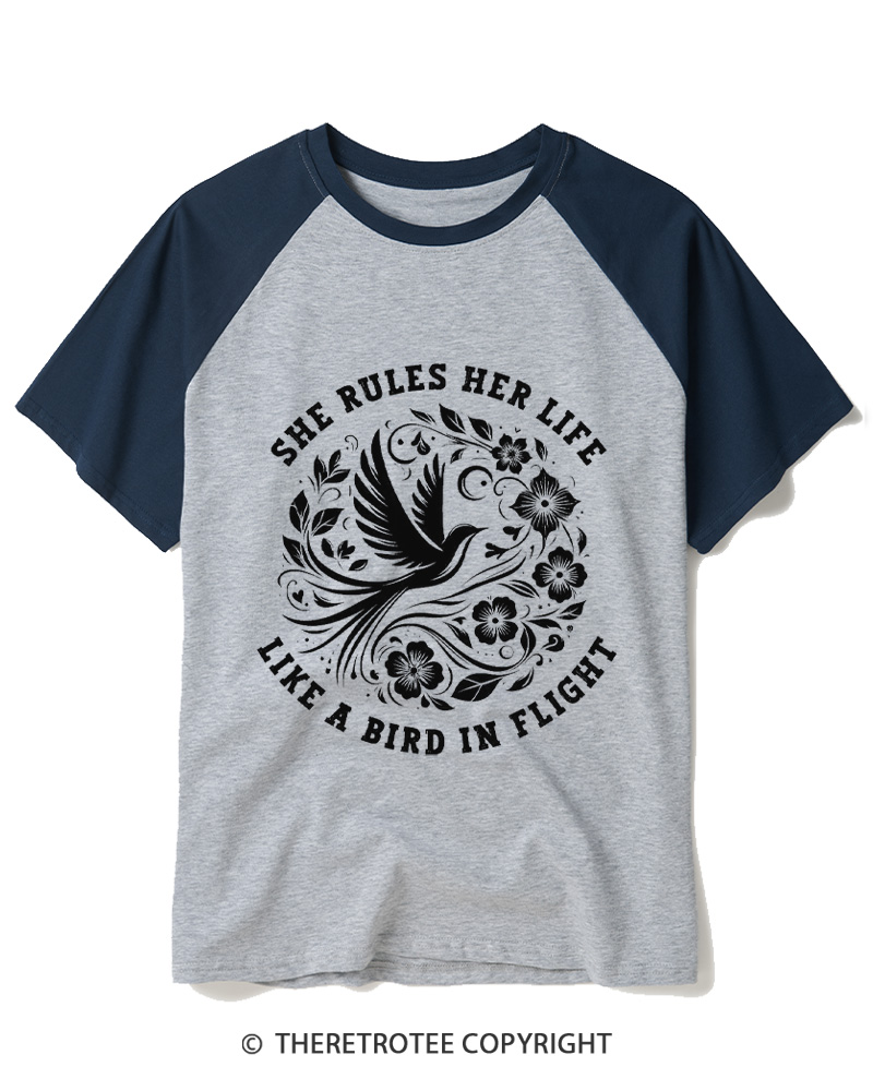 TheRetroTee She Rules Her Life Like a Bird in Flight 1970s Raglan Baseball T-Shirt