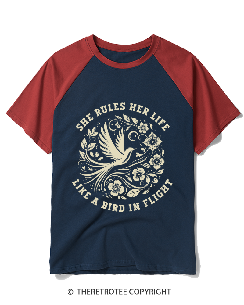 TheRetroTee She Rules Her Life Like a Bird in Flight 1970s Raglan Baseball T-Shirt