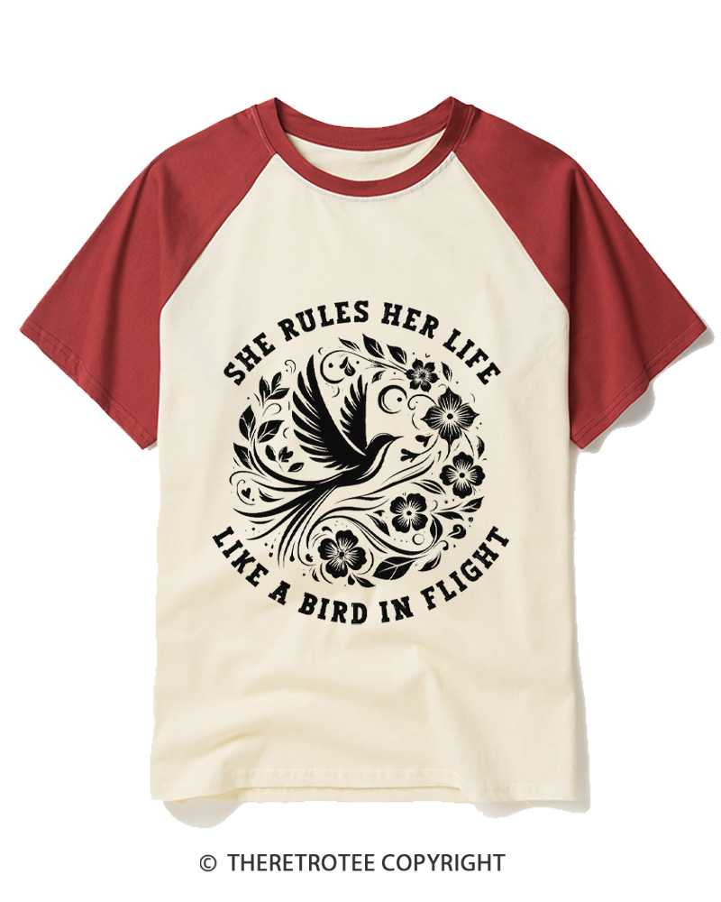 TheRetroTee She Rules Her Life Like a Bird in Flight 1970s Raglan Baseball T-Shirt