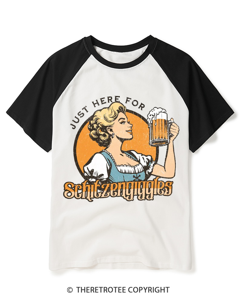 TheRetroTee Just here for Schitzengiggles 1950s Raglan Baseball T-Shirt