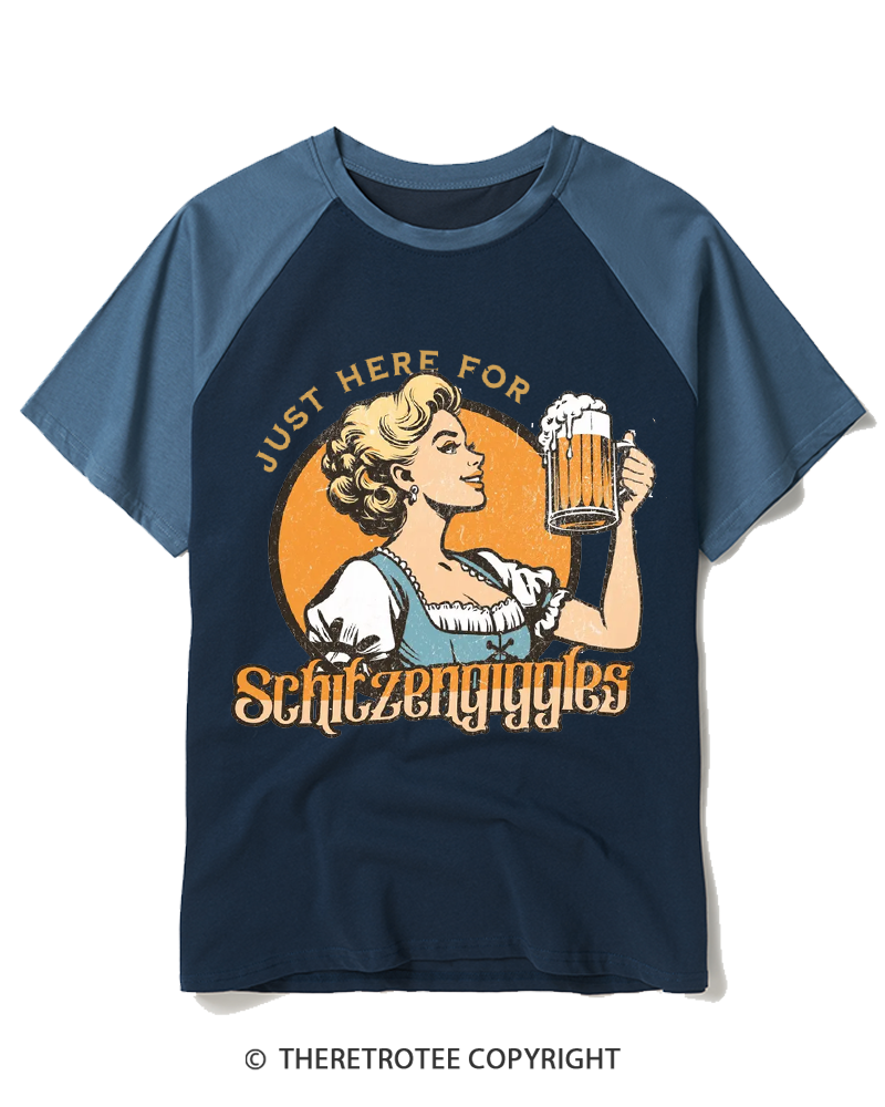 TheRetroTee Just here for Schitzengiggles 1950s Raglan Baseball T-Shirt