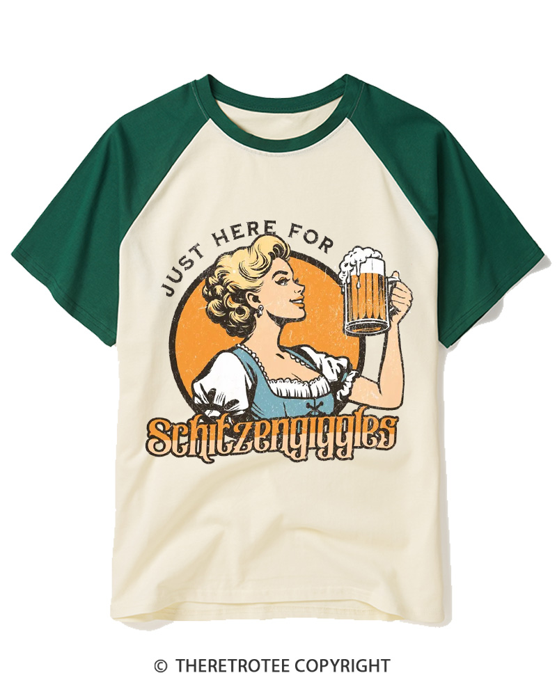TheRetroTee Just here for Schitzengiggles 1950s Raglan Baseball T-Shirt