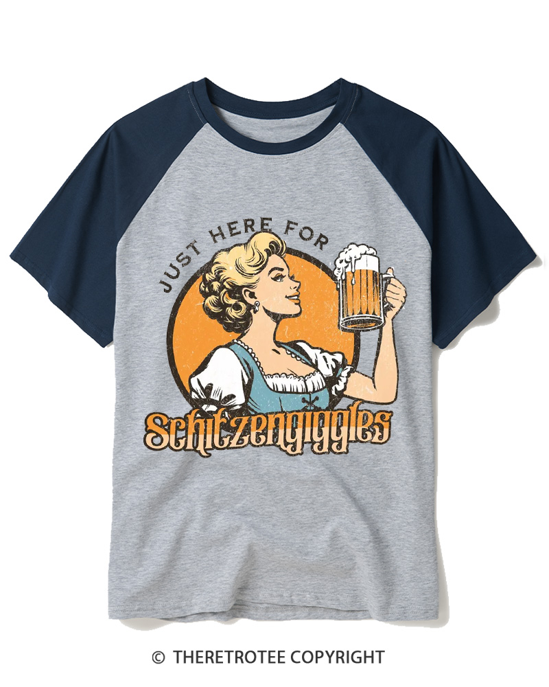 TheRetroTee Just here for Schitzengiggles 1950s Raglan Baseball T-Shirt