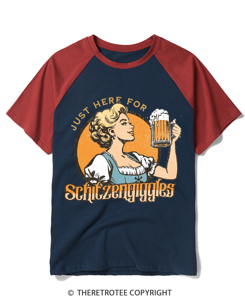 TheRetroTee Just here for Schitzengiggles 1950s Raglan Baseball T-Shirt
