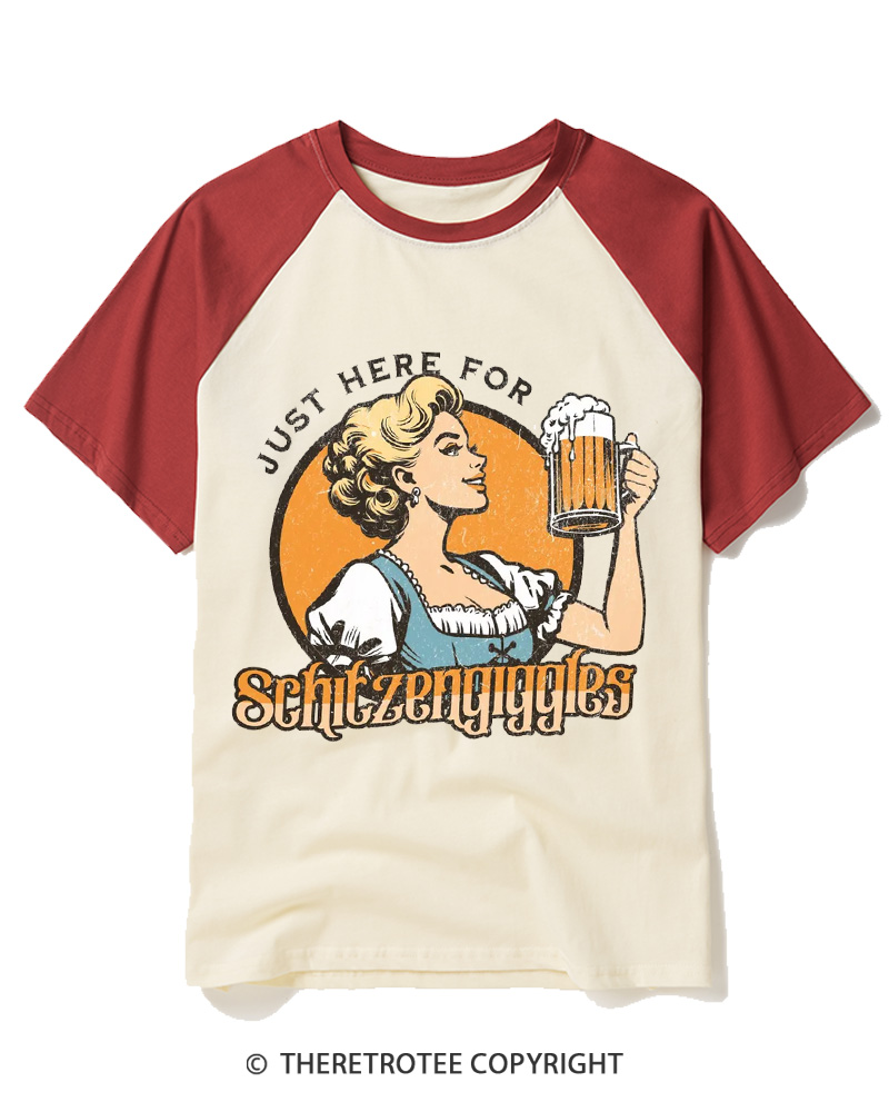 TheRetroTee Just here for Schitzengiggles 1950s Raglan Baseball T-Shirt